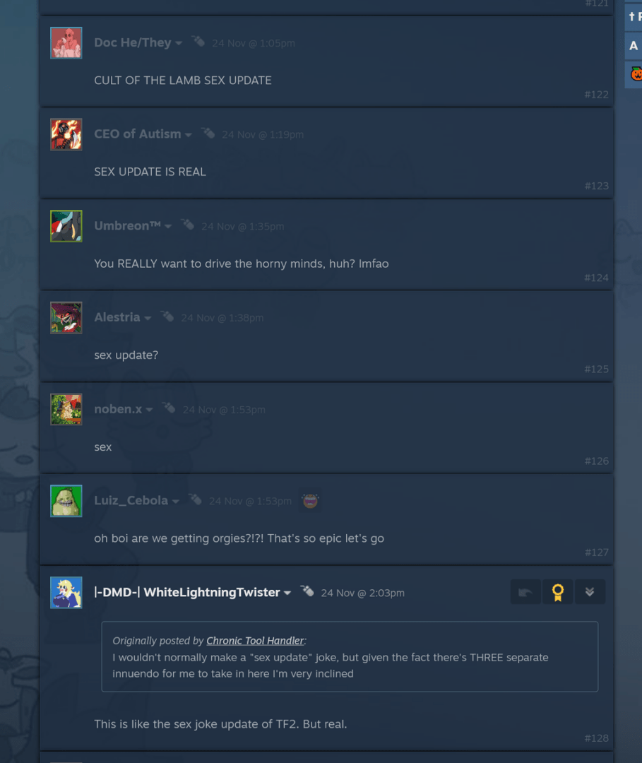 Разработчики Cult of the Lamb заявили, что сделают мем о "секс-обновлении" реальностью, если наберут 300 000 подписчиков