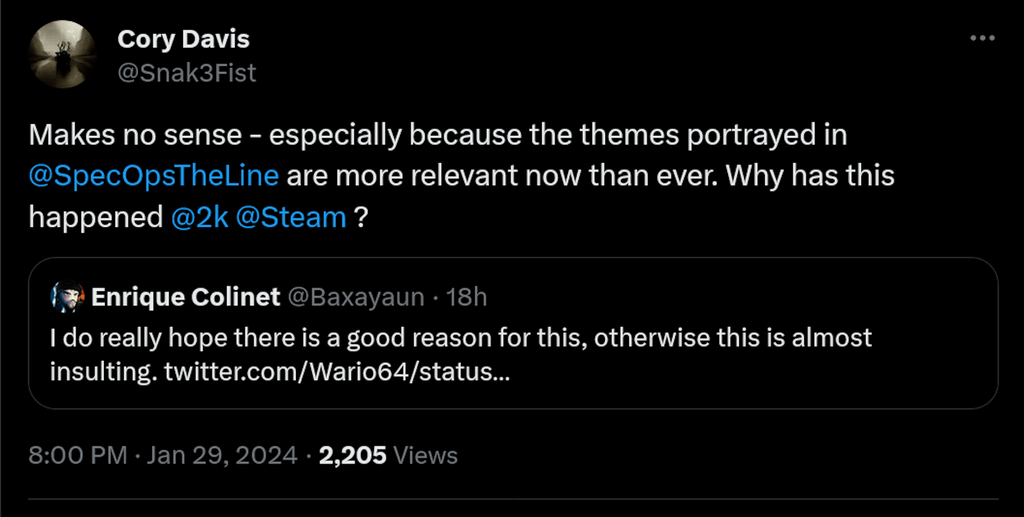 2K подтвердила, что Spec Ops: The Line была снята с продажи из-за истечения срока действия "партнерских лицензий"