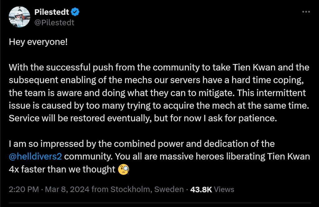 Серверы Helldivers 2 разгромлены под натиском мехов