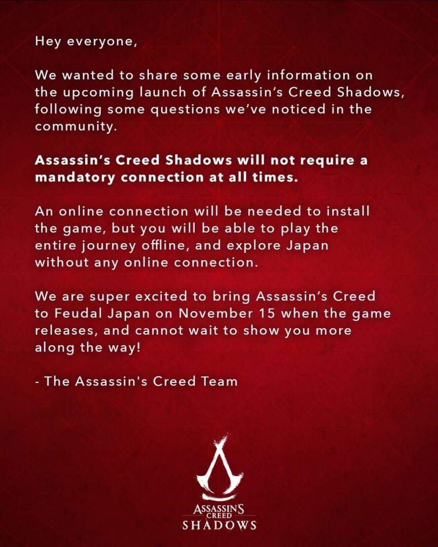 Для запуска Assassin's Creed Shadows не требуется подключение к интернету: "Вы сможете пройти всю игру в автономном режиме".