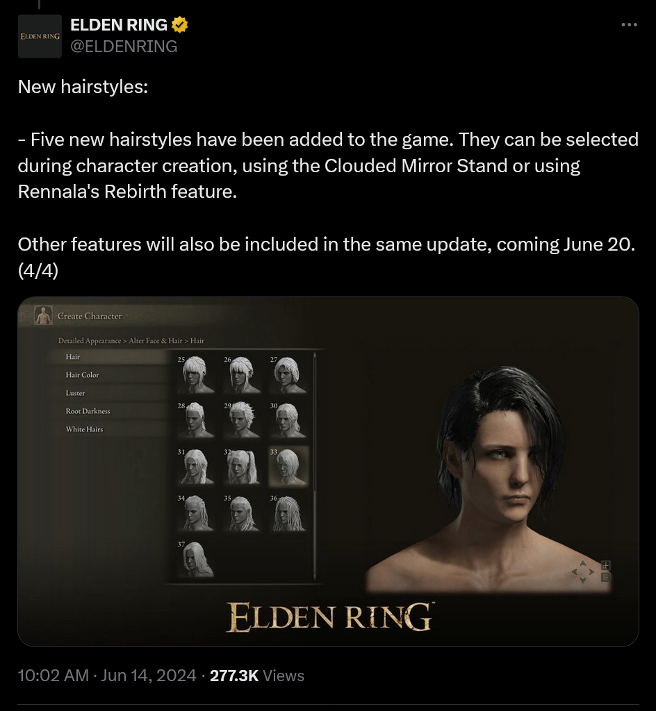 Elden Ring получит большое контентное обновление с новыми функциями инвентаря и прическами вместе с расширением Shadow of Erdtree.