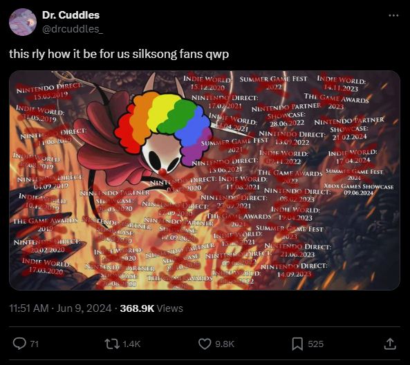 Прошло 729 дней с момента последнего появления Силксонга, и фанаты Hollow Knight находятся не в лучшем состоянии.