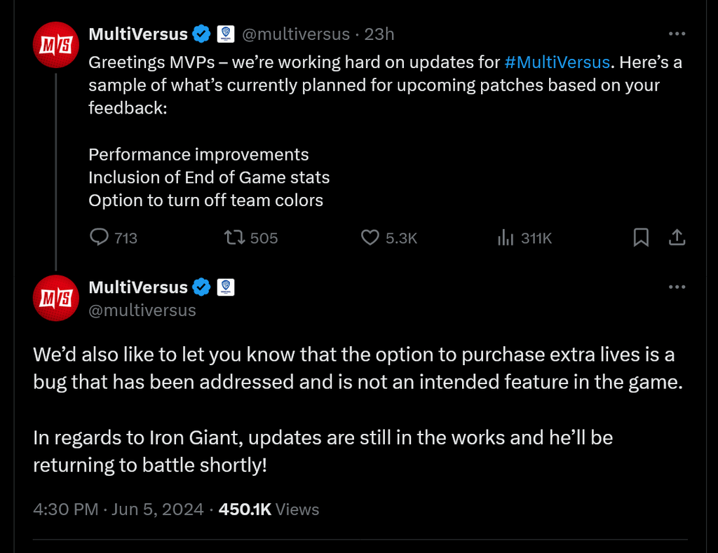 Разработчики MultiVersus говорят, что внутриигровая возможность купить больше жизней за реальные деньги была "ошибкой".