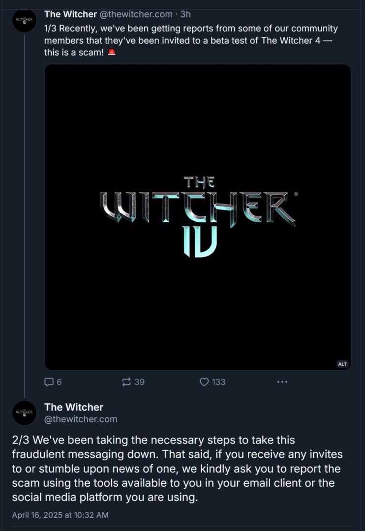 CD Projekt предостерегает от поддельных приглашений на бета-тест Witcher 4: «Это мошенничество»